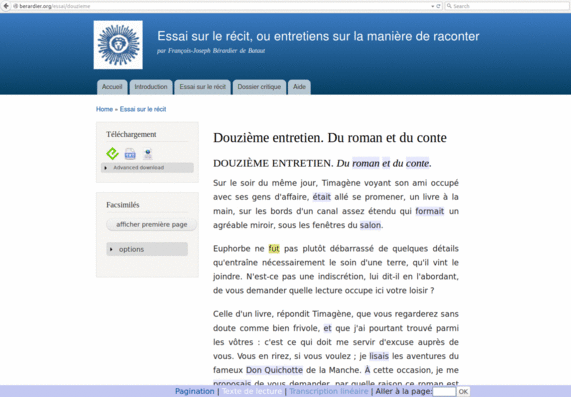 Abbildung 1: Screenshot der digitalen Edition des Essai sur le récit, http://berardier.org, 2010. Bildlizenz Creative Commons Attribution.