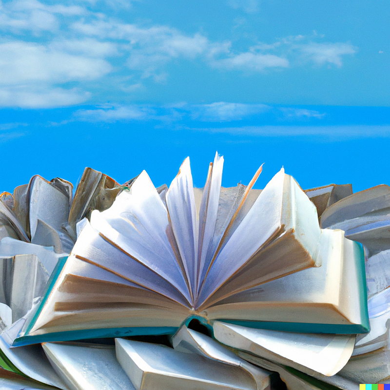 Dekoratives Bild, das ein Buch auf einem Haufen von Buchseiten unter blauem Himmel zeigt. 