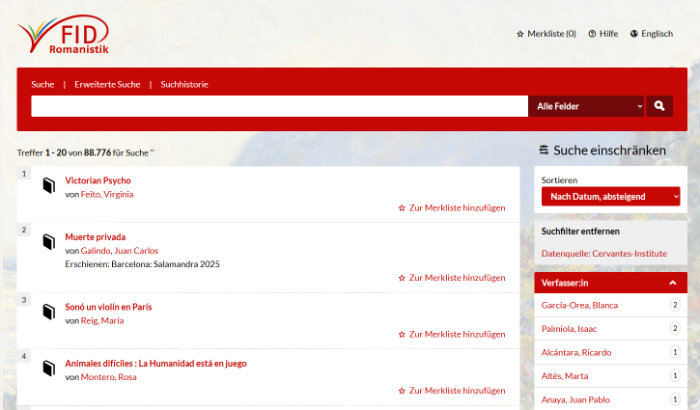 Screenshot Bestände der Bibliotheken der Cervantes-Institute im FID Discovery